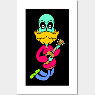 skull cartoon playing guitar Posters and Art